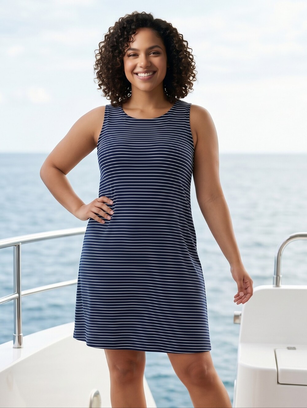 Jamie & Layla XL Navy Stripe Swing Dress Stretch Jersey Cruise Travel Nautical
